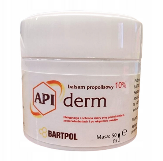 Flasche APIDERM Propolis-Lotion 10% von Bartpol, 50 ml, mit Apis und Propolis für Hautpflege, auf weißem Hintergrund