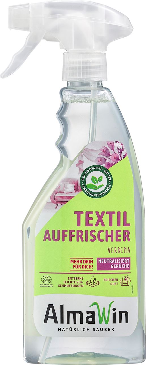 Flasche VERBENA ECO Wäschedesinfektionsmittel von ALMAWIN, 500 ml, mit grünem Etikett und Dosierpumpe.