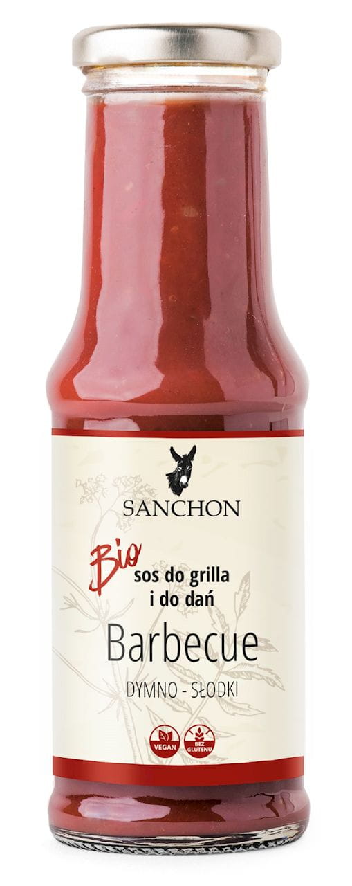 Glutenfreie vegane Bio-Barbecue-Sauce von SANCHON in 210 ml Flasche, cremige, würzige Soße für Grillgerichte.