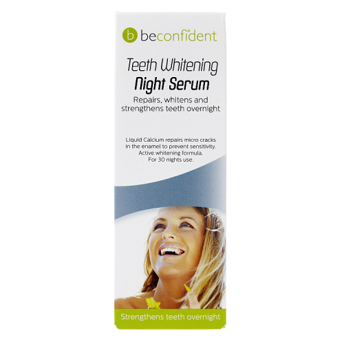 Zahnaufhellendes Nachtserum von BeConfident in einer 10 ml Flasche, sichtbarer Applikator für Zahnpflege.