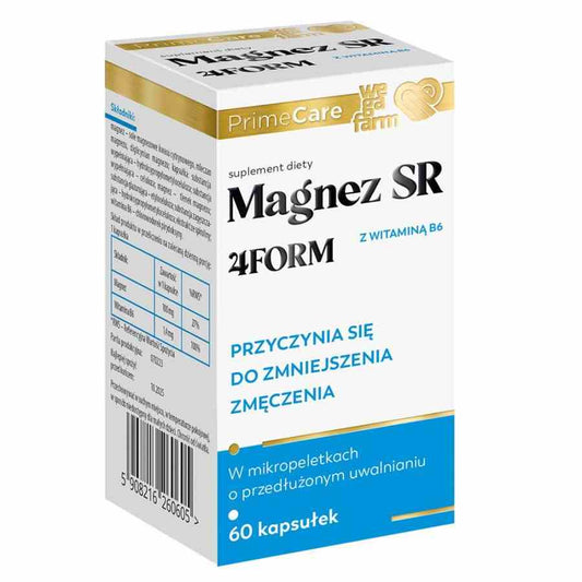 WegaFarm Magnesium SR 4form Kapseln, 60 Stück, zeigt die Verpackung und die Kapseln des Nahrungsergänzungsmittels