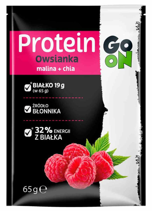 Sante Go On Protein Haferflocken mit Himbeere und Chia, 65 g, Nahaufnahme der Verpackung mit Haferflocken und Himbeeren