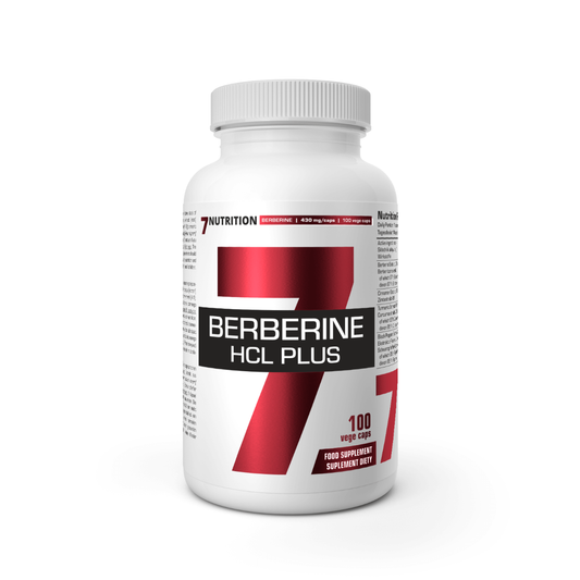 Pflanzliche Kapseln von 7Nutrition Berberin HCL Plus, 100 Stück, in einer transparenten Verpackung.