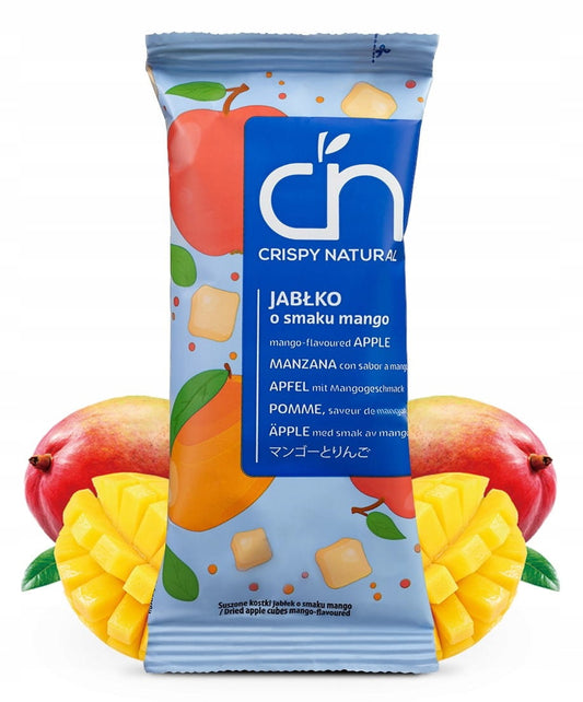 Getrocknete Apfelwürfel mit Mangosaft, knusprig und natürlich, 12 g, von Dystrybutor Biogo.pl, ideal für Snacks und Müslis.