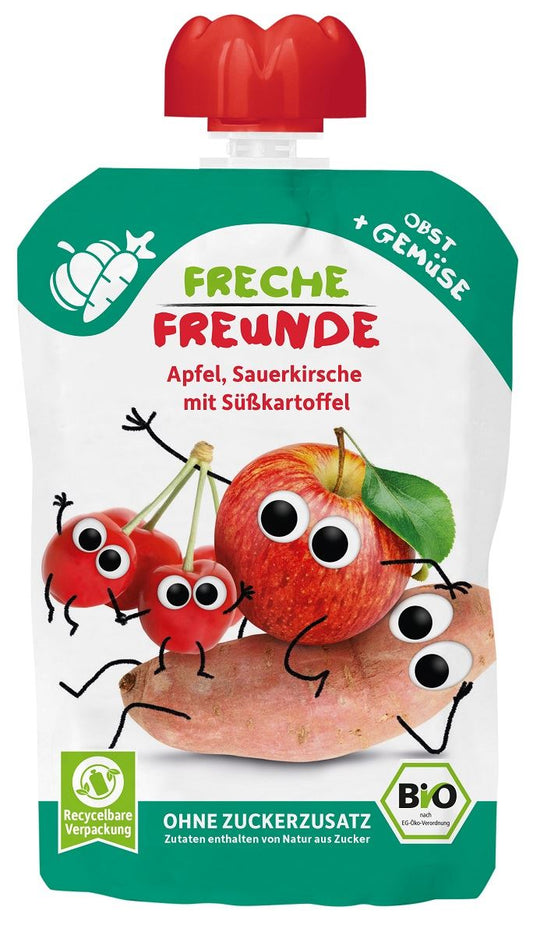 Biologische Apfel-Kirsch-Batterie-Muse für Kinder ab 6 Monaten, frei von Zuckerzusatz, von FRECHE FREUNDE, 100 g.
