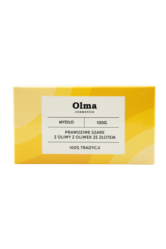 Echte graue Olivenölseife mit Gold von OLMA Pharm, 100 g, zeigt die Seifenstück mit goldenen Akzenten und Olivenöl-Design.