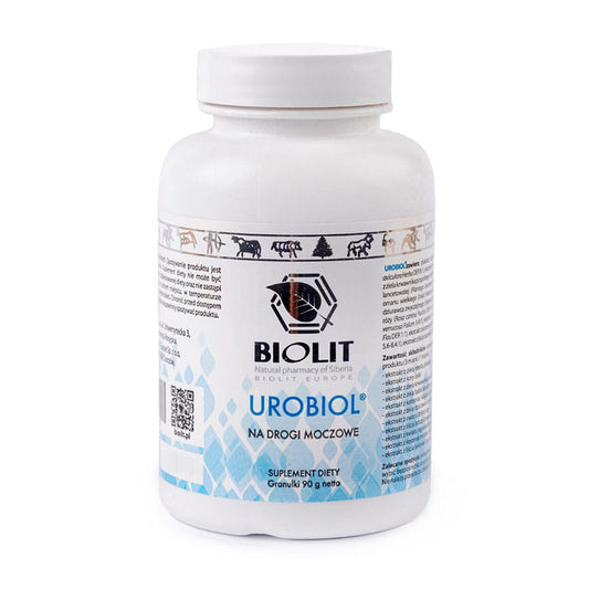 Biolite Urobiol Granulat 90 g, probiotisches Pulver für die Darmgesundheit in einer Verpackung, sichtbar auf der Verpackung.