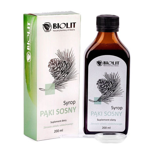 Biolite Kiefernknospen Sirup in 200 ml Flasche, zeigt die Flasche und das Etikett des Kiefernknospen-Sirups.