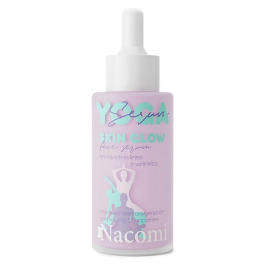 Nacomi YOGA Gesichtsserum in 40 ml Flasche, enthalten in einem weißen Fläschchen mit Dosierpumpe, auf einem weißen Hintergrund.