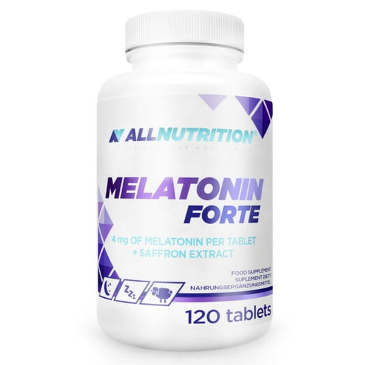 Allnutrition Melatonin Forte Kapseln, 120 Stück, Nahaufnahme der braunen Kapseln in einer Dose.