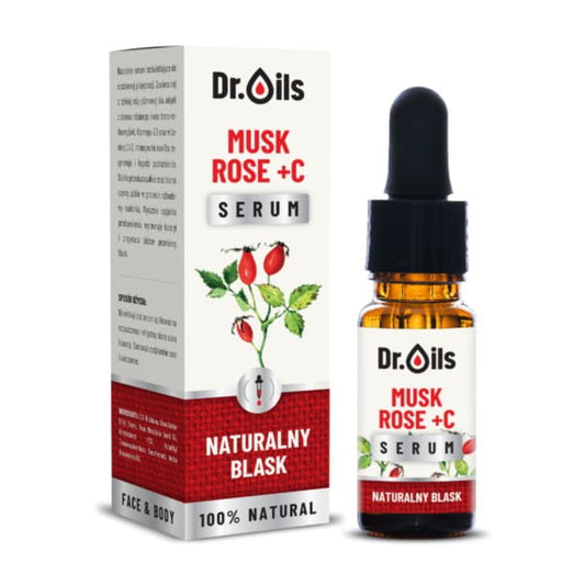 Flasche mit 10 ml Dr. Oils Serum Moschus Rose + C, Pflegeprodukt mit Rose- und Moschusduft, in dunkler Glasflasche.