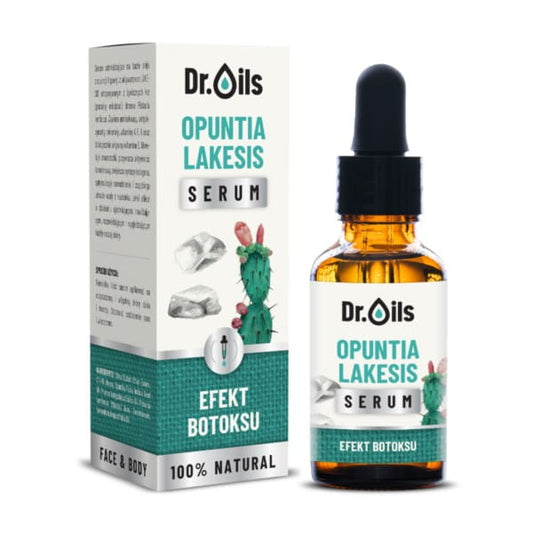 Opuntia Lakesis Serum von Dr. Oils in 10 ml Flasche, zeigt die Flasche mit grünem Etikett und Pipette für Hautpflege.