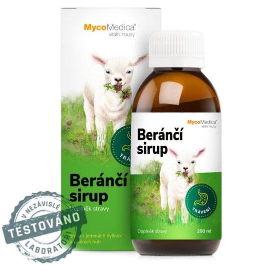 MycoMedica Widder-Sirup in 200 ml Flasche, naturreines pflanzliches Mittel, sichtbar in der Flasche auf weißem Hintergrund