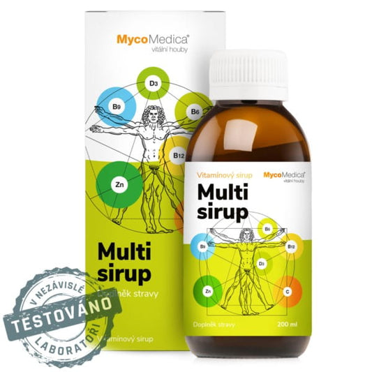 MycoMedica Multi-Sirup 200 ml Flasche mit sirupartiger Textur, ideal für natürliche Nahrungsergänzung in der Flasche