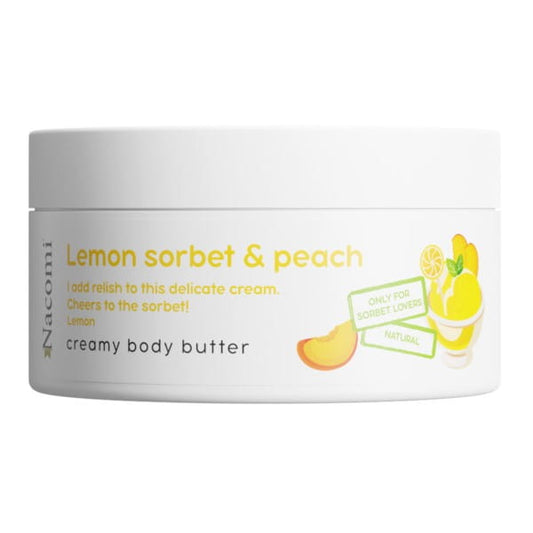 Nacomi Pfirsich-Zitrone Körperbutter in 100 ml mit fruchtigem Duft, cremige Textur, für feuchte und gepflegte Haut.