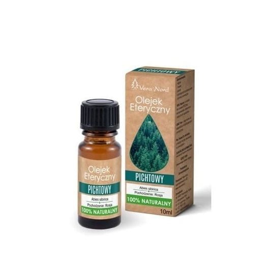 Natürliches Tannenöl von Vera Nord, 10 ml Flasche, mit grünen Tannenzweigen im Hintergrund, für Aromatherapie und Naturpflege