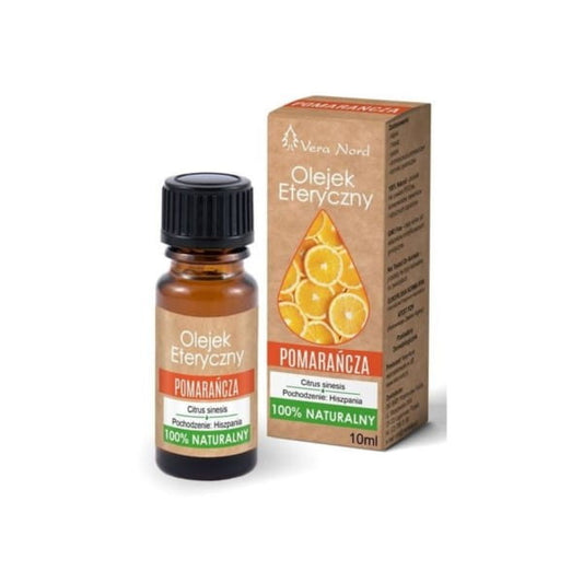 Natürliches ätherisches Orangenöl von Vera Nord, 10 ml Flasche, zeigt die orangefarbene Flüssigkeit in einer dunklen Glasflasche