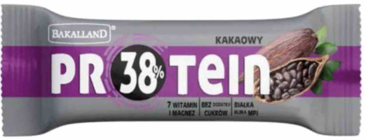 Eiweißriegel Kakao von Bakalland, 35 g, mit Schokoladengeschmack, zeigt den Riegel in der Verpackung.
