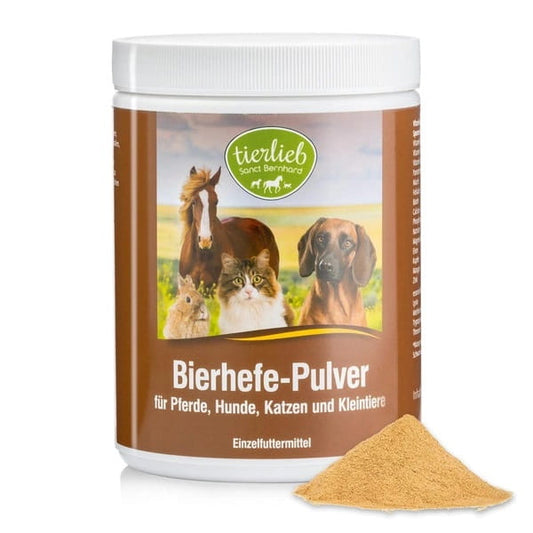 TIERLIEB Bierhefe für Tiere in 600 g Packung, zeigt die Hefe in einer offenen Verpackung mit Hefe in einem Behälter.
