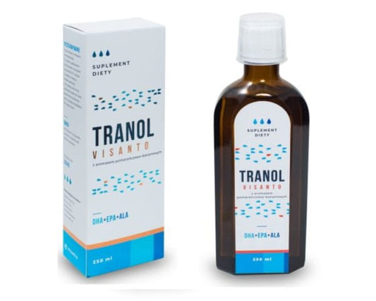 Visanto Tranol 250 ml Omega-3 Öl mit DHA, EPA und ALA, Flasche mit Tropfflasche auf weißem Hintergrund