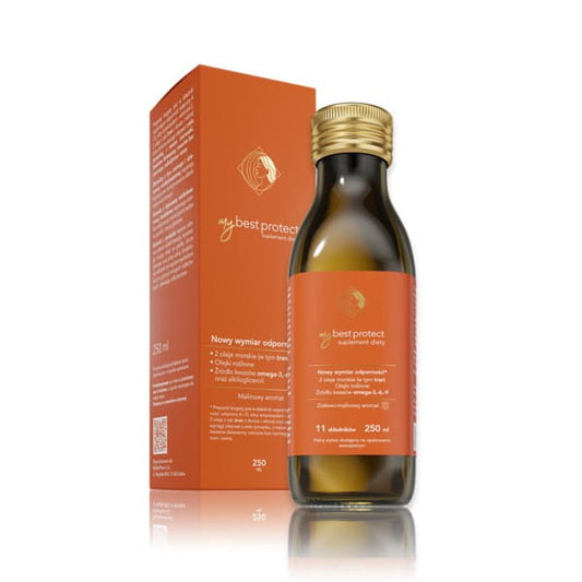 Flasche MyBestPharm MyBestProtect Himbeere, 250 ml mit Himbeeraroma, für Gesundheit und Wohlbefinden.