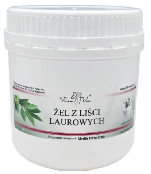 Lorbeerblatt-Gel von Farm-vix in 600 g Dose, BIOGO.PL, zeigt das gelartige Produkt mit frischen Lorbeerblättern.