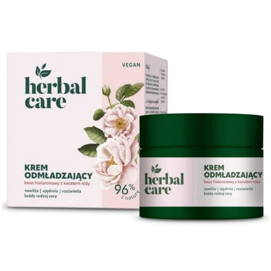 Verjüngende Herbal Care Creme von BIOGO.PL in 50 ml, cremige Textur, ideal für gepflegte Haut und Anti-Aging.