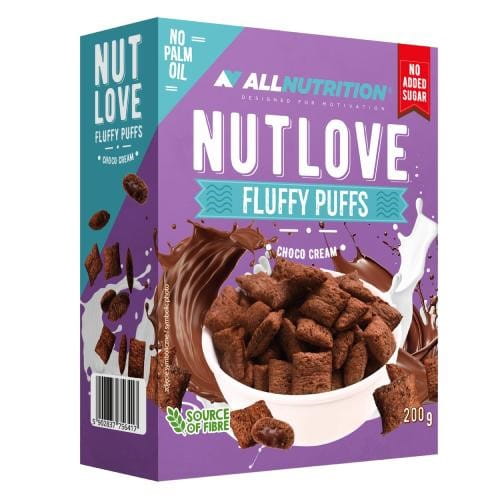 Allnutrition Nutlove Fluffy Puffs Choco Cream, weiche Schaumküsse mit Schokoladencreme, in Verpackung auf weißem Hintergrund