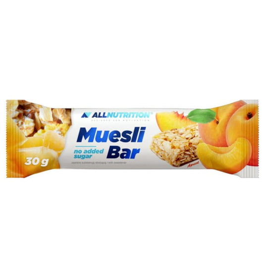 Allnutrition Müsliriegel Aprikose, 30g, mit getrockneten Aprikosen und Nüssen, in einer Verpackung.