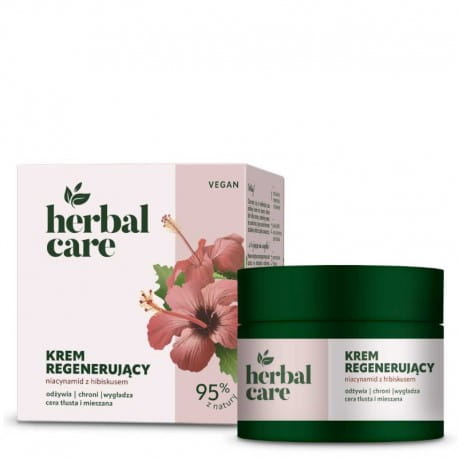 Veganer Herbal Care Regenerationscreme mit Niacinamid in einer weißen Tube, sichtbarer Produktname auf der Verpackung