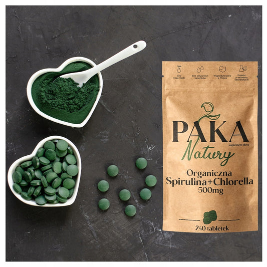 Bio Spirulina und Chlorella Tabletten von BIOGO.PL, 240 vegane Kapseln für natürliche Nahrungsergänzung.