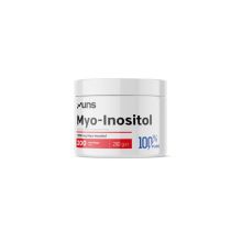 BIOGO.PL Myo-Inositol Pulver 200 g, feines weißes Pulver in einem transparenten Glasbehälter, Nahaufnahme