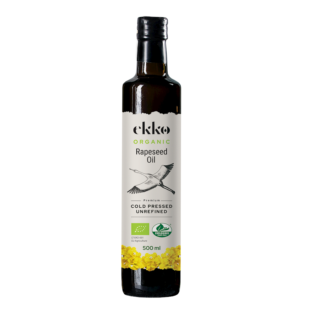 Bio kaltgepresstes Rapsöl mit Omega-3 von EKKO in 500 ml Flasche, cremige Textur und goldene Farbe.