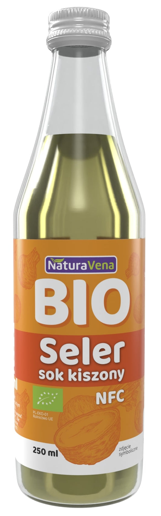 Bio Selleriesaft in 250 ml Flasche von NATURAVENA, frisch und naturbelassen, zeigt Selleriestangen und Flasche im Bild