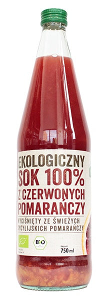 Bio Orangensaft von EKOWITAL in einer 750 ml Flasche, leuchtend roter Saft aus 100 % Bio-Orangen.