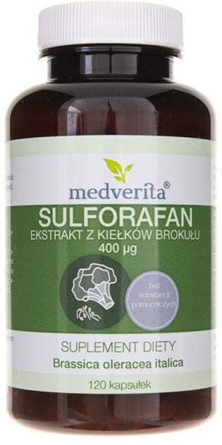 Medverita Sulforaphan 400 µg Kapseln, Nahaufnahme der schwarzen Kapseln in einer Packung auf weißem Hintergrund