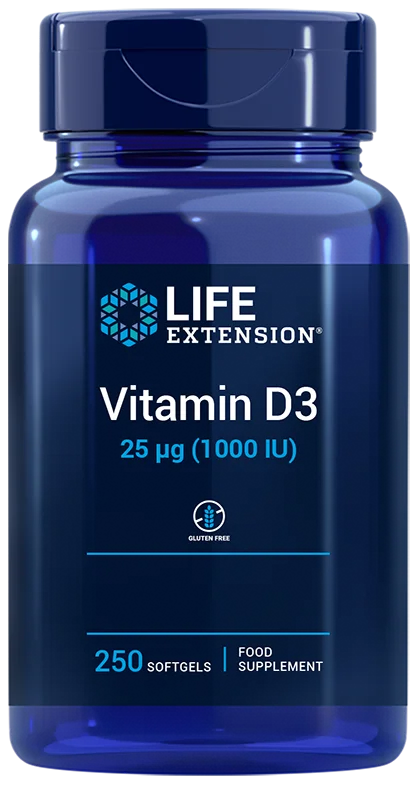 Vitamin D3 1000 IU Kapseln von Life Extension, europäische Qualität, sichtbare Packung mit 250 Kapseln auf weißem Hintergrund.