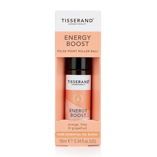 Tisserand Aromatherapy Energy Boost Pulse Point Roller Ball in 10 ml Flasche mit ätherischen Ölen, für schnelle Erfrischung.