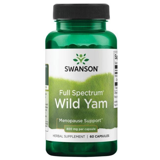 Vollspektrum Wild Yam 400 mg Nahrungsergänzung in 60 Kapseln, sichtbar in der Verpackung, von Swanson.