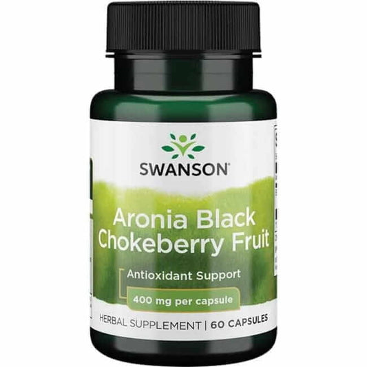 Schwarze Aronia Frucht in 60 Kapseln von Swanson Health Products, nahe Ansicht der schwarzen Aroniabeeren in der Verpackung