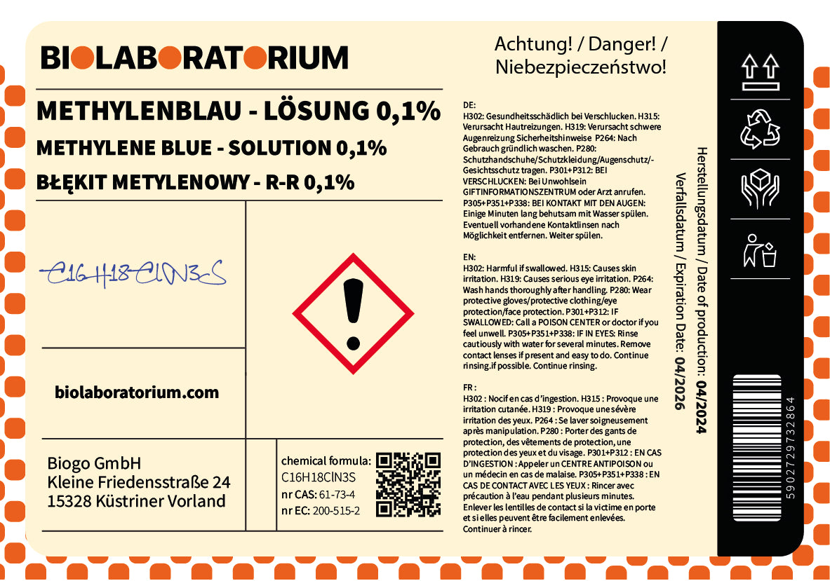 METHYLENBLAU-liuos 0,1 % – puhdas 1000 ml BIOLABORATORIUM Toissijaiskuva
