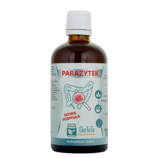 Flüssigkeit zur Einnahme von EKOTOTU Parazytek in 100 ml Flasche, klare Lösung in einer blauen Verpackung