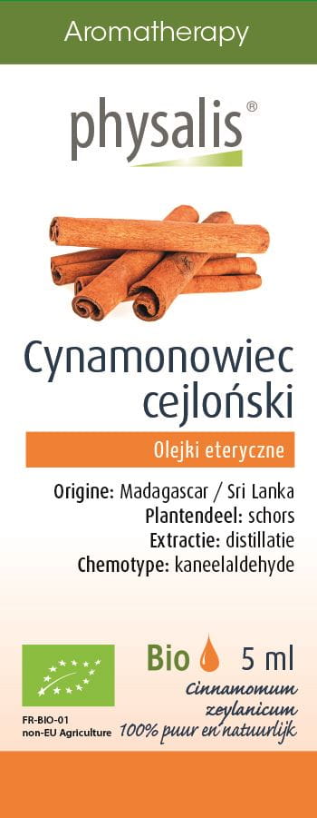 Bio Zimtöl von PHYSALIS, 5 ml, Naturprodukt, zeigt eine Flasche mit Zimtöl und Zimtstangen auf weißem Hintergrund.