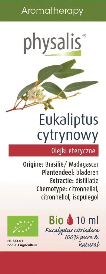 Bio Eukalyptus Zitrone ätherisches Öl von PHYSALIS, 10 ml, zeigt die Flasche mit Zitronen- und Eukalyptus-Illustration.