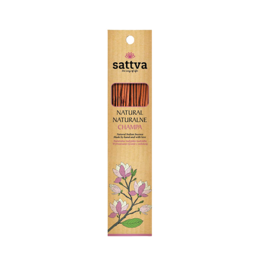 Indisches Champa-Getränk, 15 Stück, 30 g, SATTVA, gedruckte Verpackung mit bunten Dekorationen und Produktbeschreibung.
