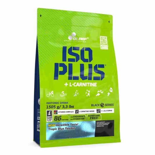 Olimp Iso Plus Isotonischer Drink in 1505g mit tropischem Geschmack, Flasche mit blauer Beschriftung und tropischen Früchten auf der Verpackung