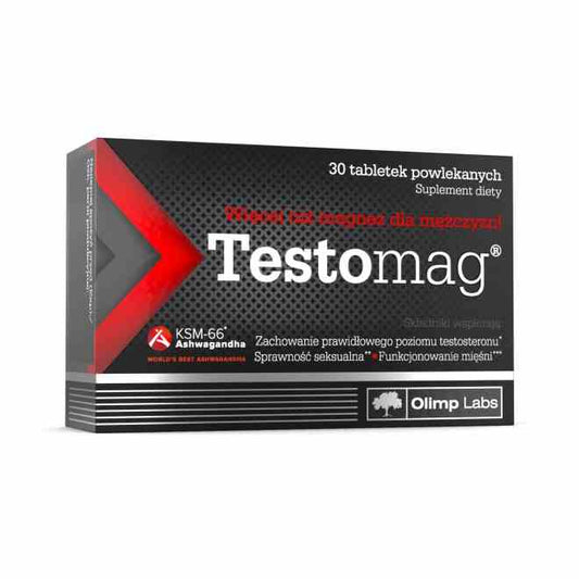Olimp Testomag 30 Tabletten, Supplement mit Testosteron-Boostern, Nahaufnahme der Verpackung und Tabletten.