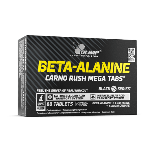 Olimp Beta Alanin Carno Rush Tabletten, 80 Stück, Nahaufnahme der blauen Tabletten in einer Packung