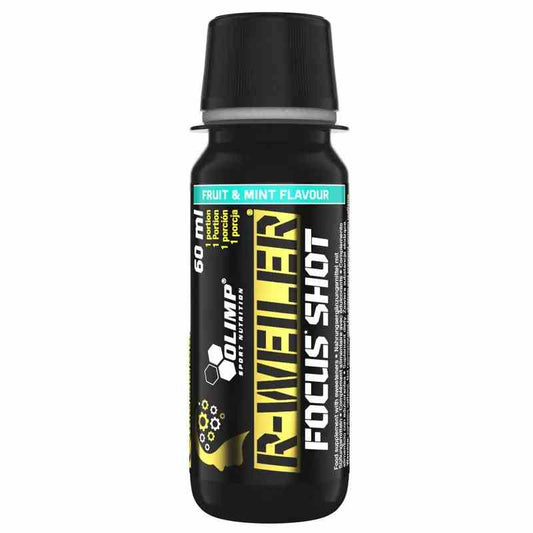 Olimp R-Weiler Focus Shot 60 ml mit Frucht- und Minzgeschmack, Flasche mit grünem Etikett und Sprühkopf.