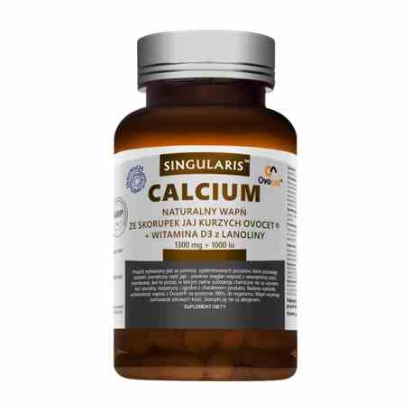 Singularis Natural Hühnereierschalen-Kalzium mit Vitamin D3, 60 Kapseln, Nahaufnahme der Verpackung und Kapseln